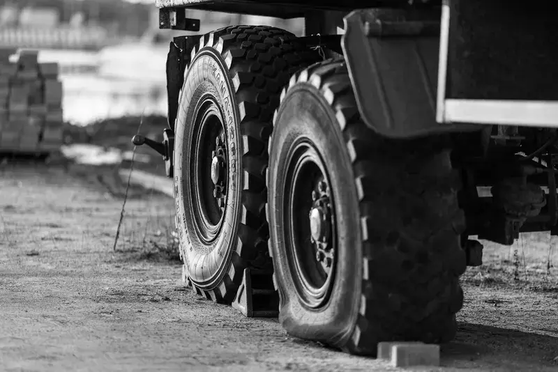 Two large truck tires on a dirt road