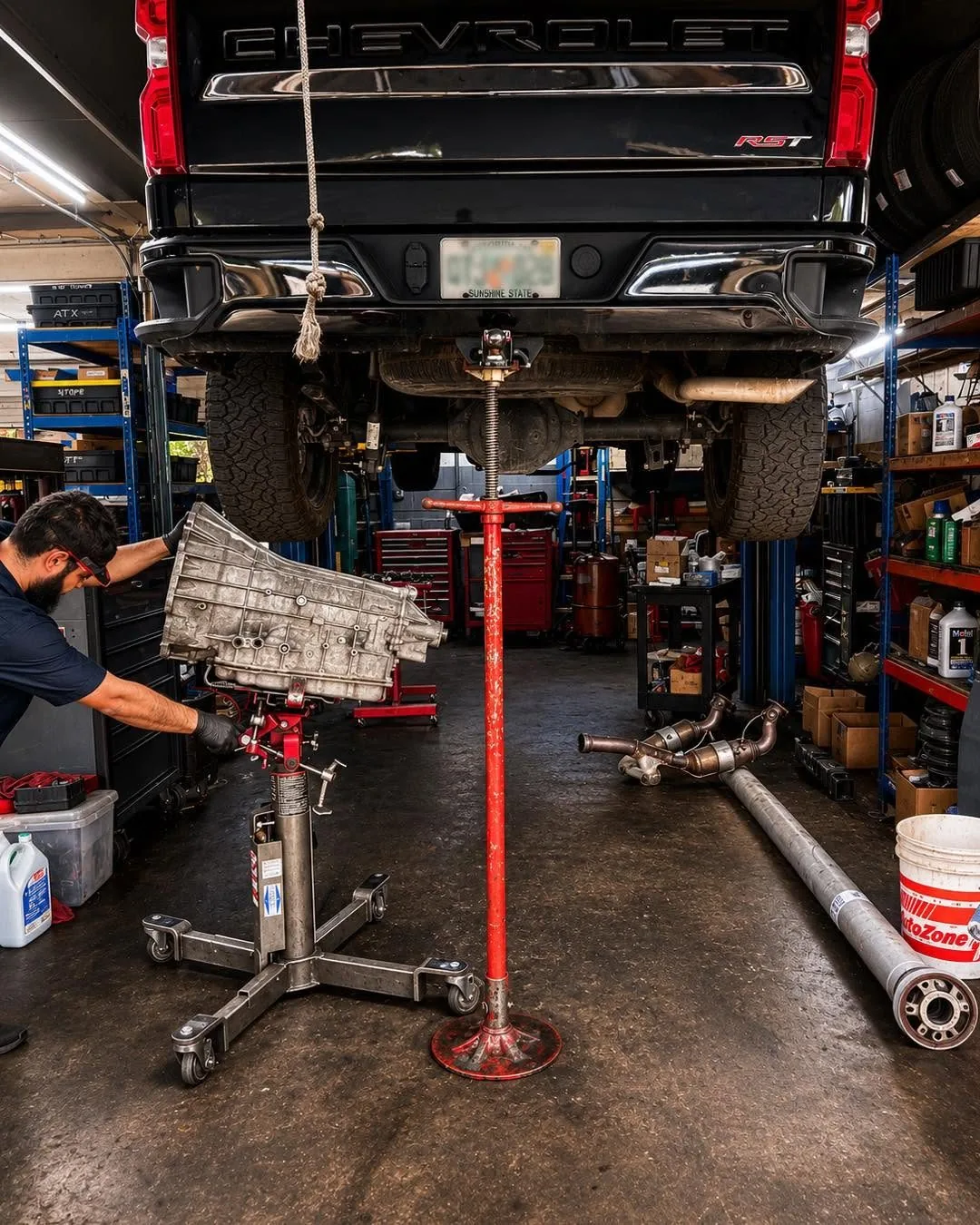 Technician lowering the transmission out of a Chevrolet Silverado on a transmission jack